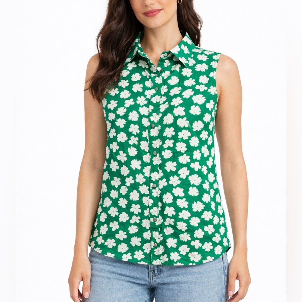 J.Crew Green Floral Sleeveless Button-Down Shirt – Size Small